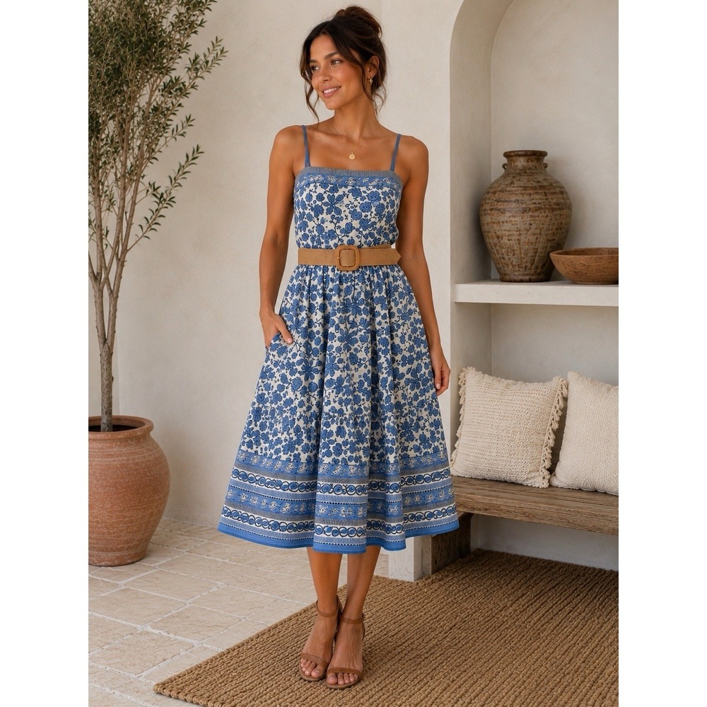 Taylor Blue and White Floral Midi Dress